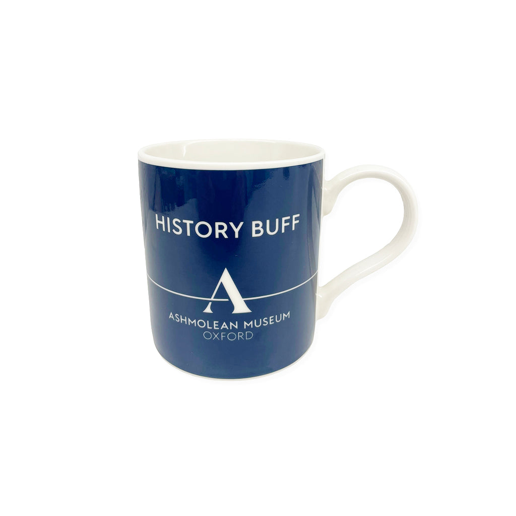 Navy blue and white ceramic mug with HISTORY BUFF and Ashmolean Museum Oxford text in white on a white background.
