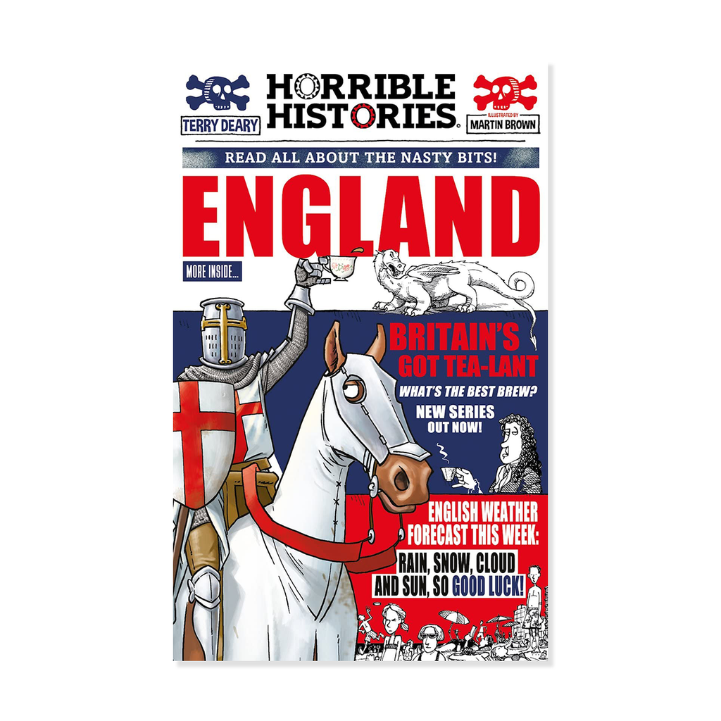 Book cover of 'Horrible Histories: England' with a knight and horse illustration.