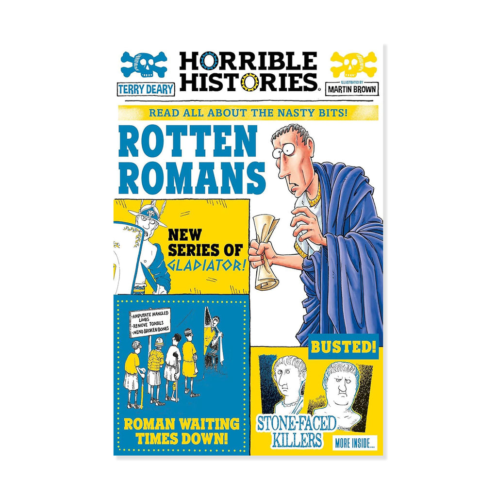 Blue white and yellow book cover for Horrible Histories Rotten Romans: Read All About the Nasty Bits featuring cartoon illustrations of Roman emperors and gladiators on a white background.