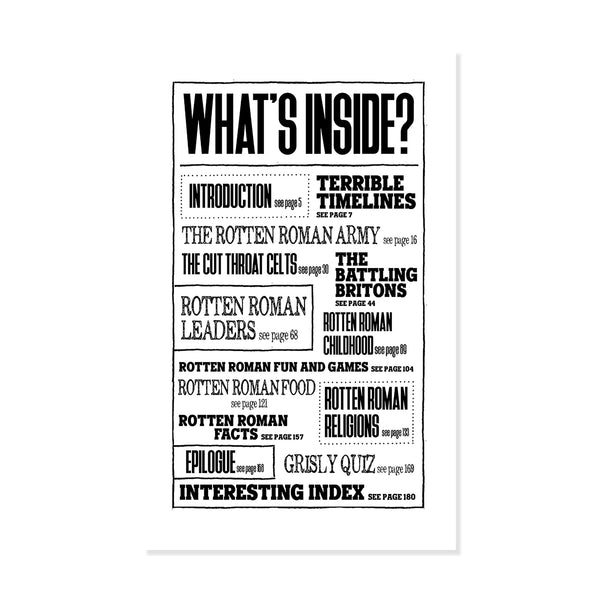 Book page insert featuring index for Rotten Romans Horrible Histories book with text on 'What's Inside' on a white background