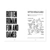 Book page insert from Horrible Histories with text about Rotten Roman Fun and Games with quiz question asking which modern games did the Romans have and cartoon illustrations on a white background.