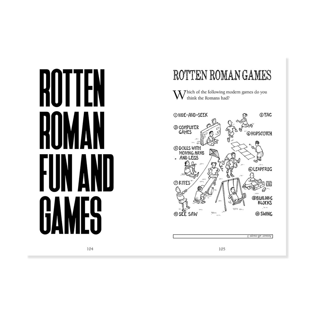 Book page insert from Horrible Histories with text about Rotten Roman Fun and Games with quiz question asking which modern games did the Romans have and cartoon illustrations on a white background.