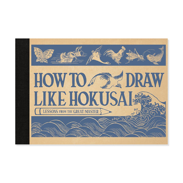 A book or booklet cover titled "HOW TO DRAW LIKE HOKUSAI: LESSONS FROM THE GREAT MASTER" with blue illustrated wave and animal drawings on a tan background, shown against a white background.