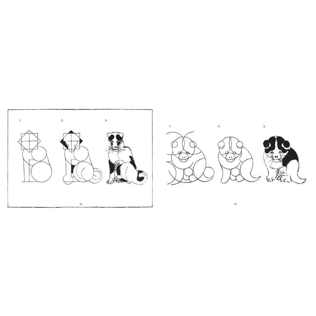 Open book page showing breakdowns of how to recreate Hokusai's artistic style of Japanese drawing with illustrations of animals and scenery in black and white ink on a white background.