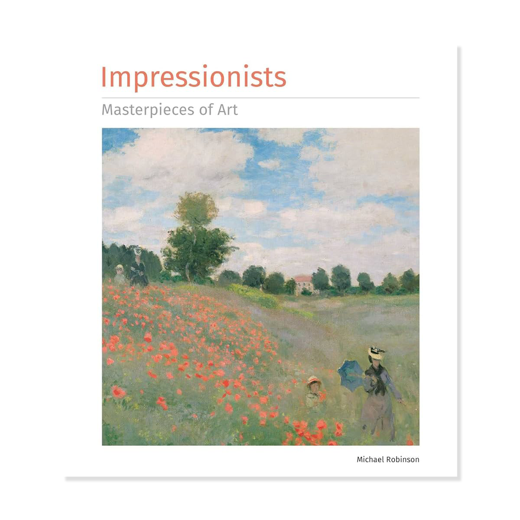 Book cover of 'Impressionists: Masterpieces of Art' with a painting of a field with red flowers and people.