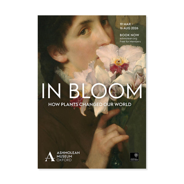 Promotional poster for 'In Bloom' exhibition at Ashmolean Museum with a person holding flowers.