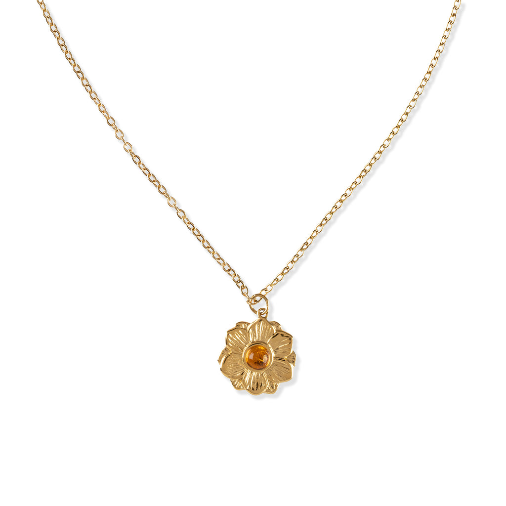 Gold necklace with an amber flower pendant on a white background
