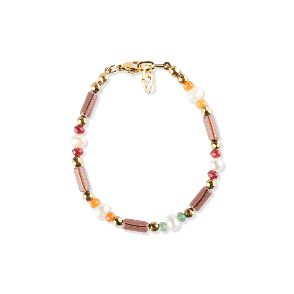 Multi-coloured gem stone beaded bracelet on a white background