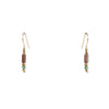 Pair of gold earrings with multicoloured gemstone beads on a white background