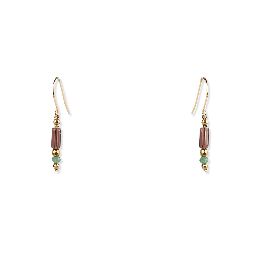 Pair of gold earrings with multicoloured gemstone beads on a white background