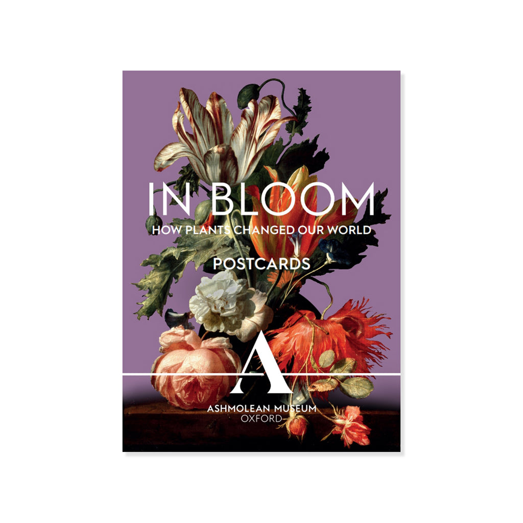 Postcard book cover with floral design and text 'In Bloom: How Plants Changed Our World' by Ashmolean Museum, Oxford.