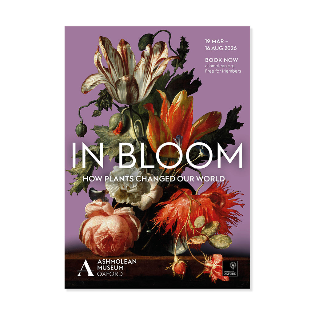 Promotional poster for 'In Bloom' exhibition at Ashmolean Museum with floral design on a purple background.