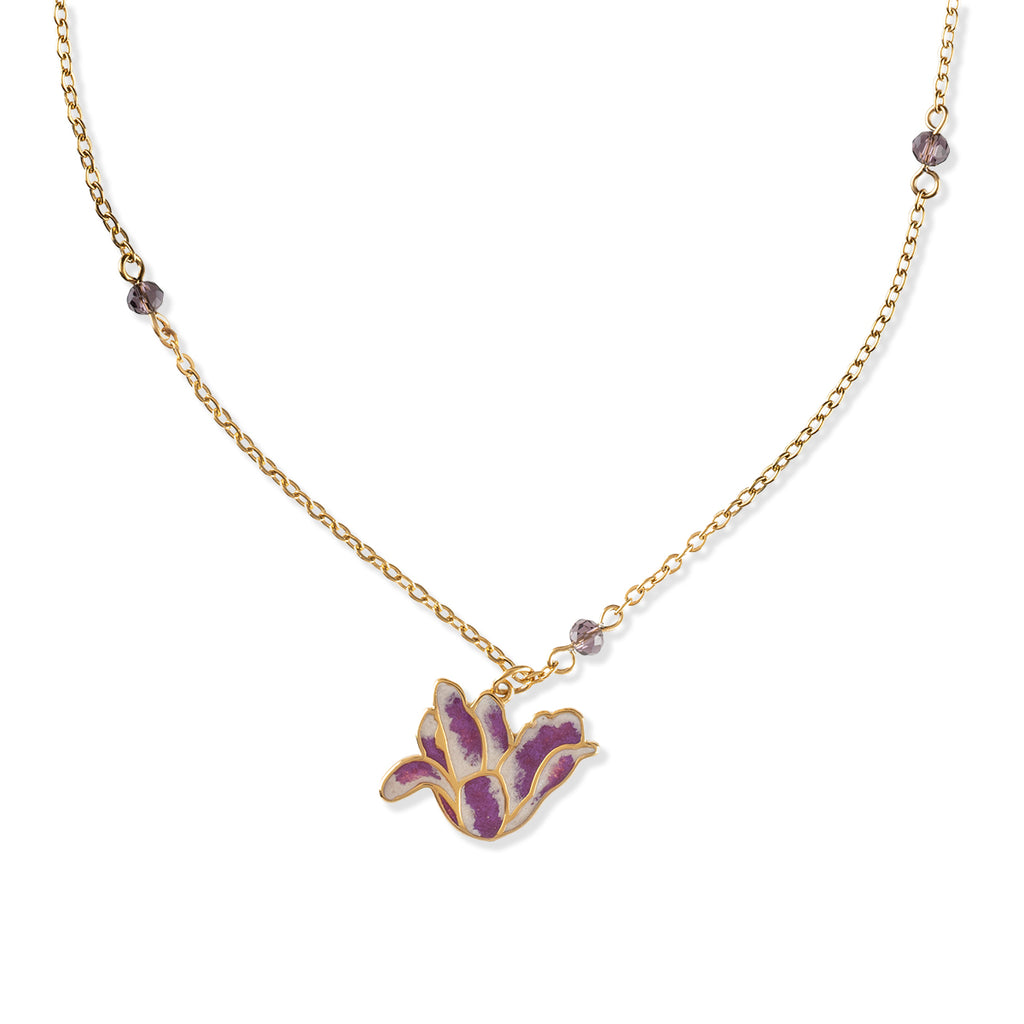 Gold tone necklace with purple gemstone beads and tulip flower shaped pendant in purple on a white background.