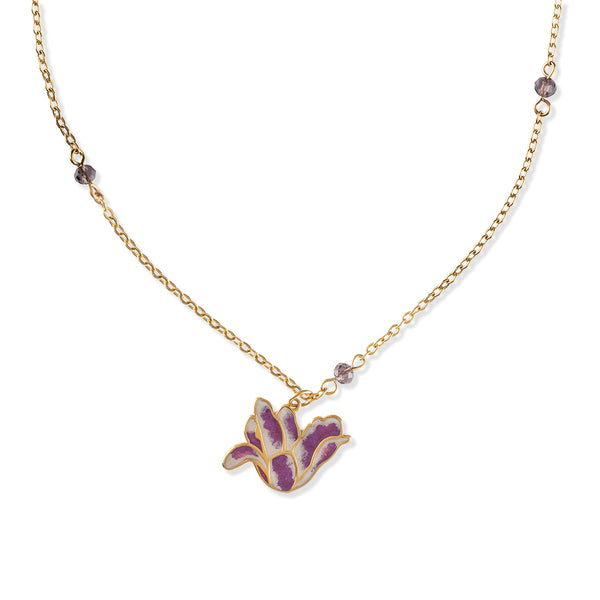 Gold tone necklace with purple gemstone beads and tulip flower shaped pendant in purple on a white background.