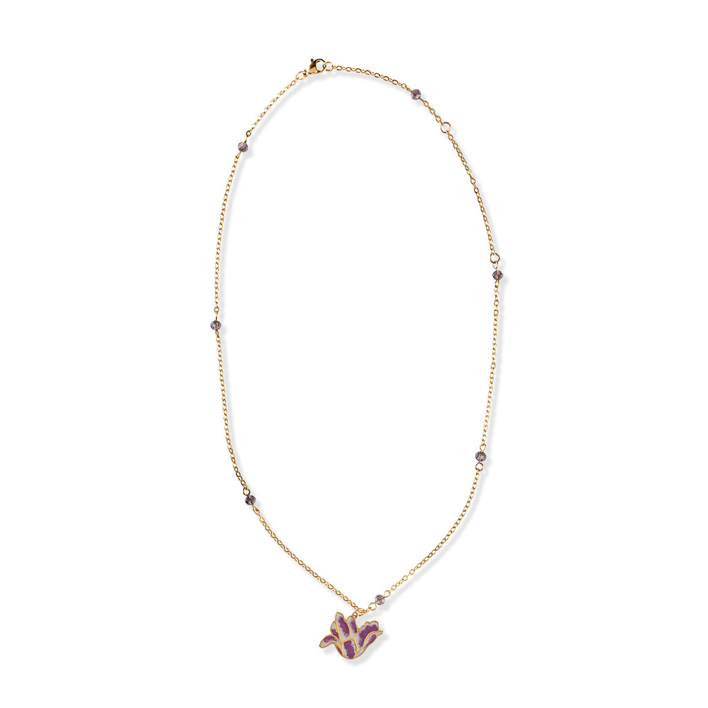 Gold tone necklace with purple gemstone beads and tulip flower shaped pendant in purple on a white background.