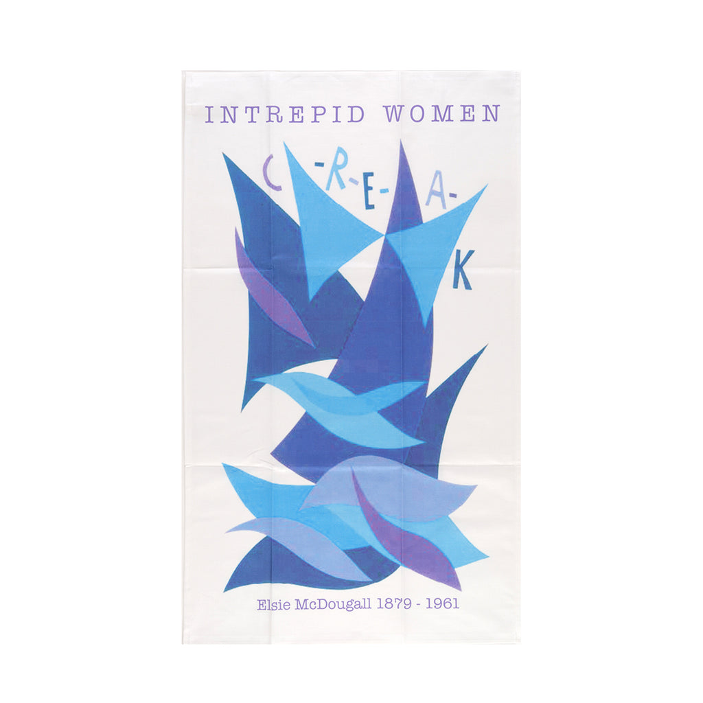Elsie McDougall tea towel - white base with shades of blue shapes and the word creak