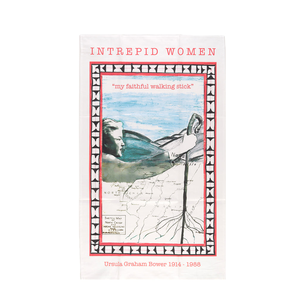 Ursula Graham Bower tea towel with her image and the words "my faithful walking stick"