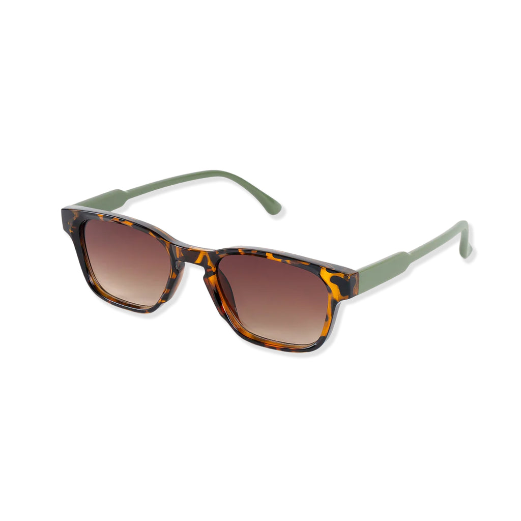 Sunglasses with tortoiseshell frame, green temples and brown gradient lenses on a white background
