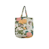 A canvas tote bag with a multicolor floral print featuring pink, orange, and green flowers on a light cream background, shown against a plain white background.