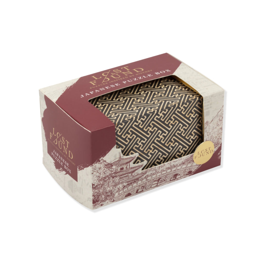A boxed Japanese puzzle box set by Lostound, featuring a geometric maze-patterned insert visible through a clear window on the front of the packaging.