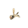Gold and enamel lion charm pendant with black and red accents on a white background