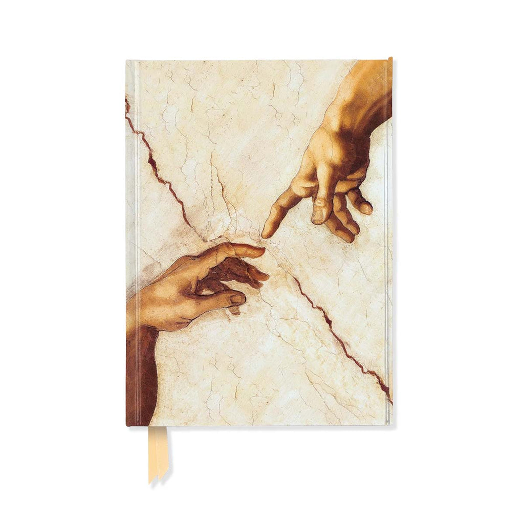 Notebook with Michelangelo design of two hands reaching towards each other on a marble background