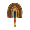 Multi-coloured woven hand fan with a handle on a white background