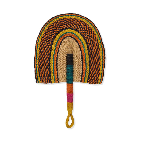 Multi-coloured woven hand fan with a handle on a white background