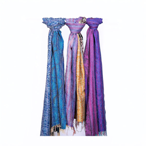 3 hanging silk katha scarves, light blue, purple pink and yellow 