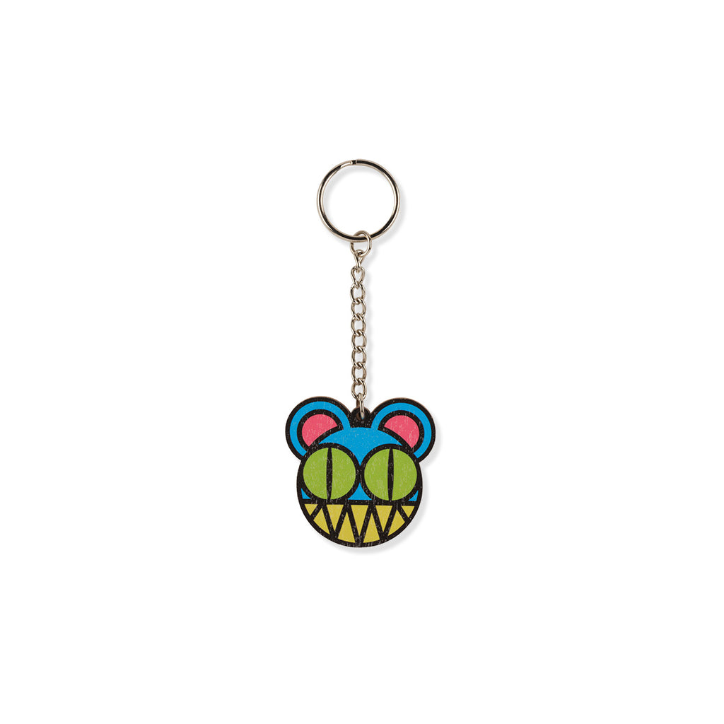 Colourful keychain with a cartoonish design on a white background