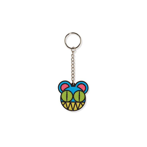 Colourful keychain with a cartoonish design on a white background