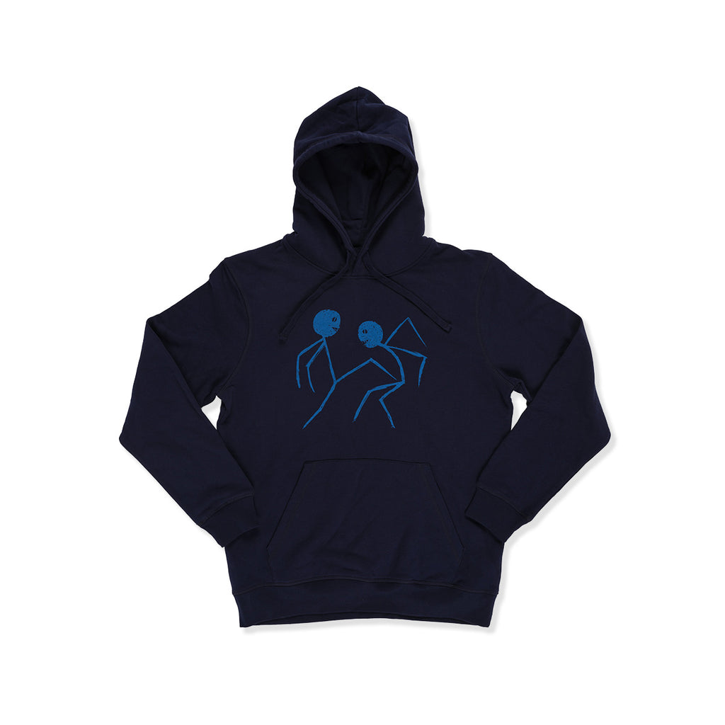 Navy blue hoodie with light blue stick figures graphic on a white background
