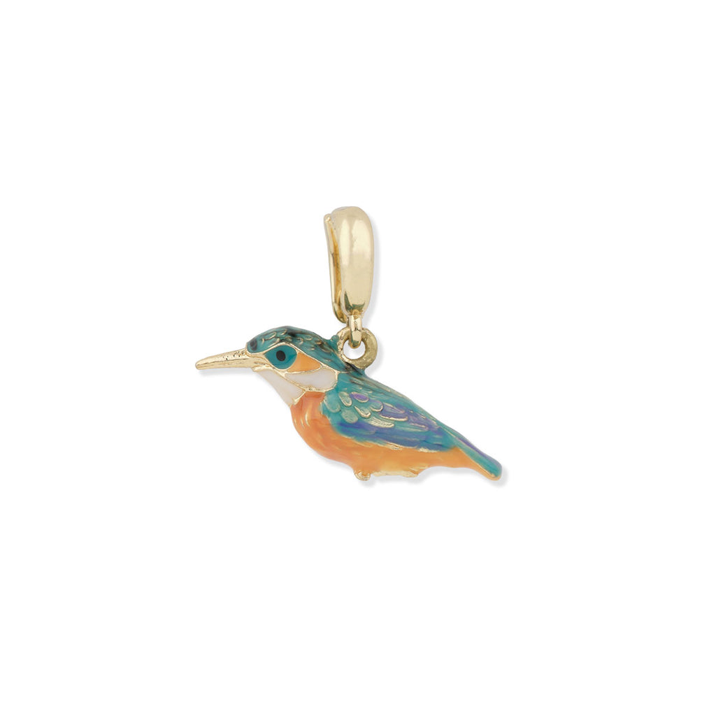 Bird-shaped enamel pendant of a colourful kingfisher with gold chain on a white background