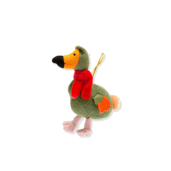 A handmade knitted dodo ornament featuring an olive green body, a red velvet scarf, a yellow and orange beak, pink legs, and a small orange patch on its back, complete with a gold hanging loop.