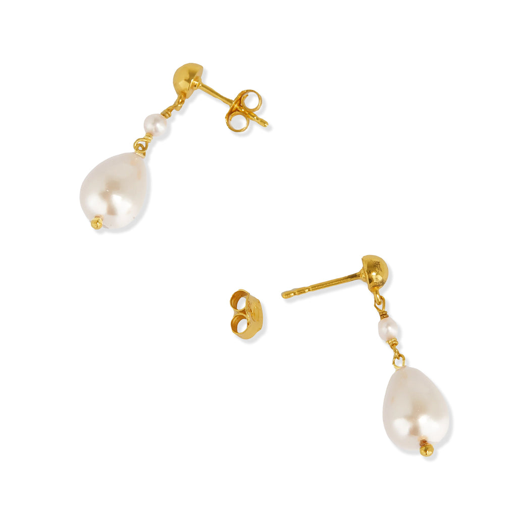 Gold and pearl drop earrings with stud fastenings on a white background.