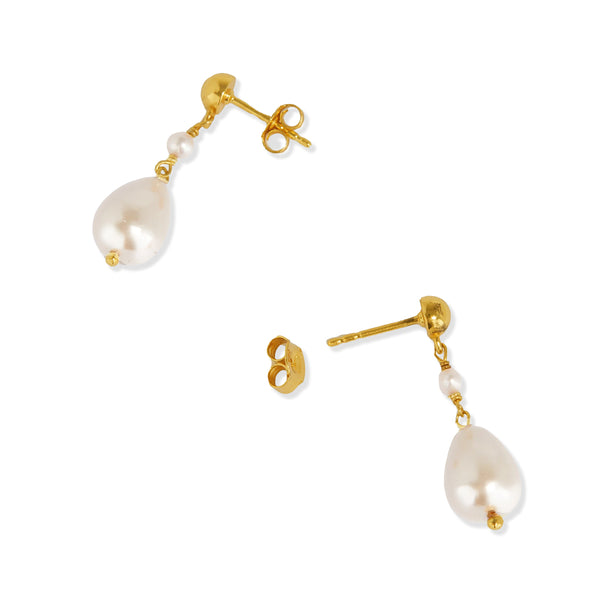 Gold and pearl drop earrings with stud fastenings on a white background.