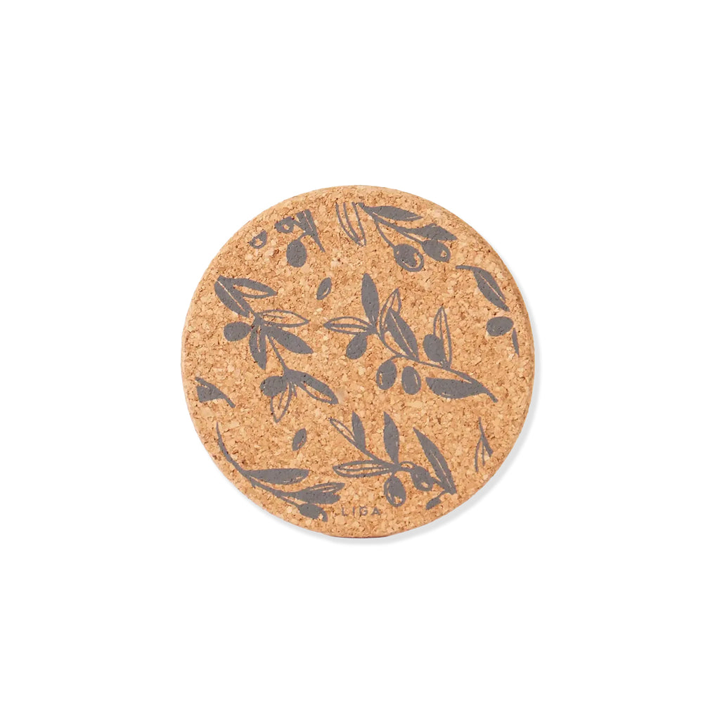 A round cork coaster with a dark gray olive branch pattern, shown on a plain white background.