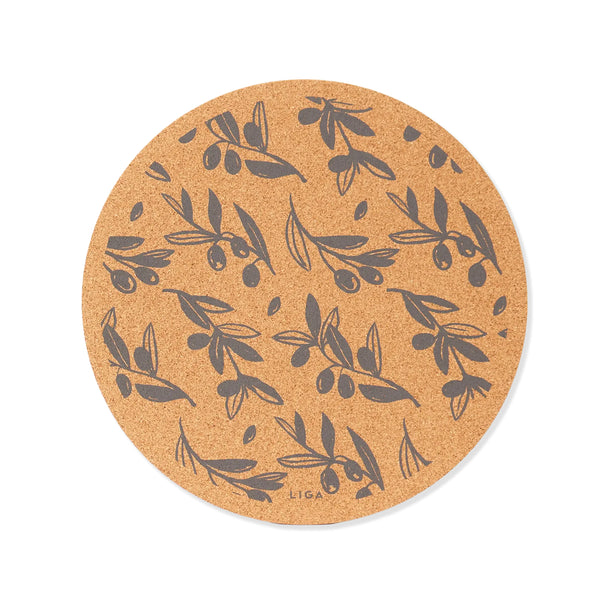 A round cork placemat with a dark grey olive branch pattern, featuring the brand name 'LIGA' printed near the bottom edge, set against a plain white background.