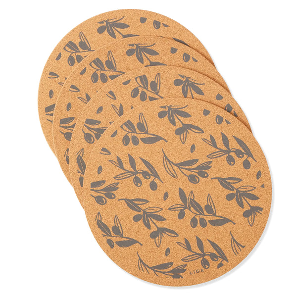 A set of four overlapping round cork placemats with a dark grey olive branch pattern, displayed on a clean white background.