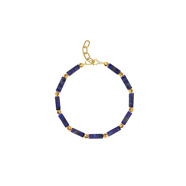 A bracelet with lapis lazuli blue beads and golden glass beads, featuring a gold plated sterling silver clasp.