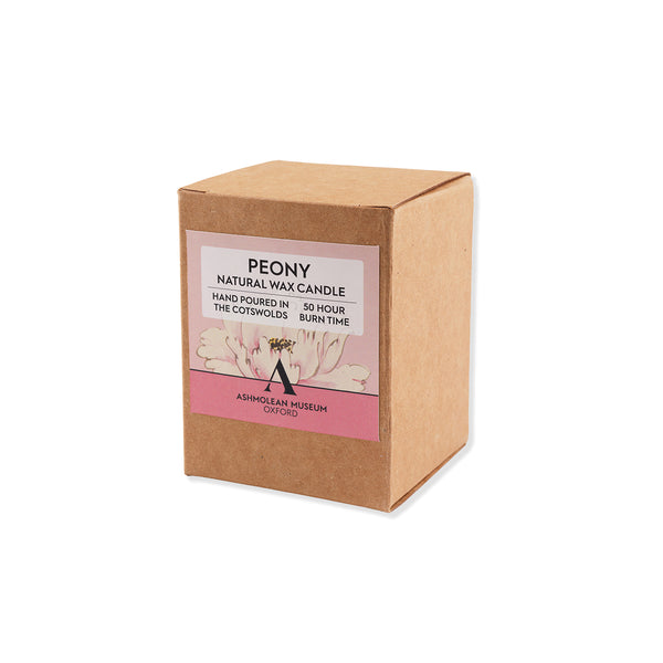 Candle packaging with 'Peony' label on a white background