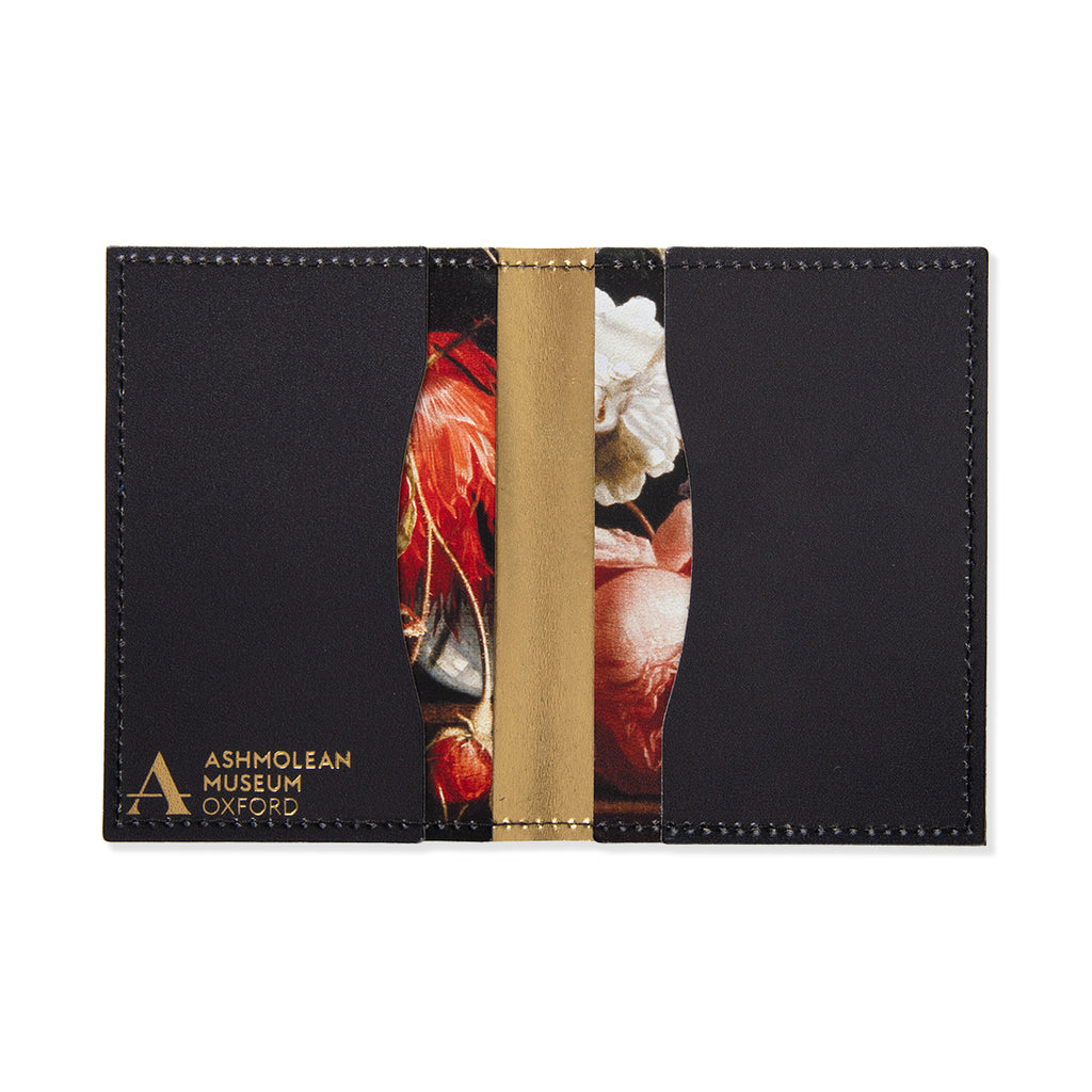 Black cardholder with floral design and Ashmolean Museum logo on a white background
