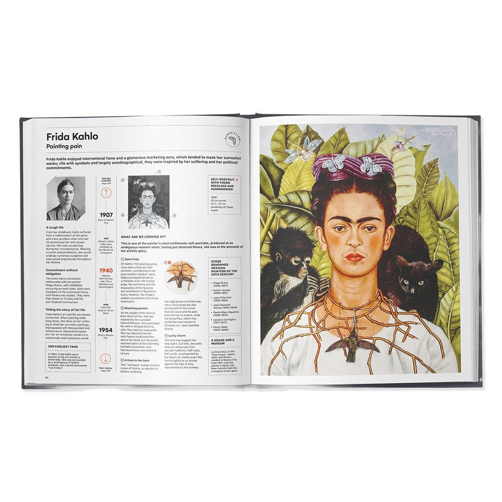 An open book displaying an educational page about Frida Kahlo, featuring a large colorful portrait of Frida with monkeys and green leaves on the right page, alongside text and smaller portraits on the left page.