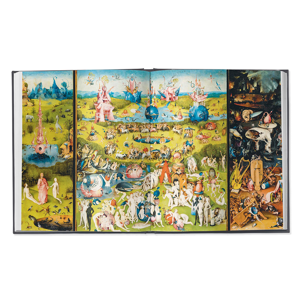Book page insert showing triptych-style artwork 'The Garden Of Earthly Delights' by Hieronymus Bosch depicting a crowded surreal landscape with figures, animals, towers, water, and dark dramatic scenes on the right panel, shown against a plain white background.