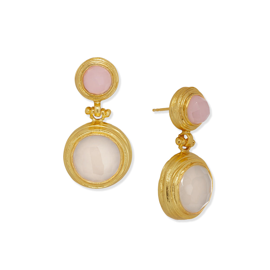 Gold earrings with rose quartz and white chalcedony gemstones on a white background.