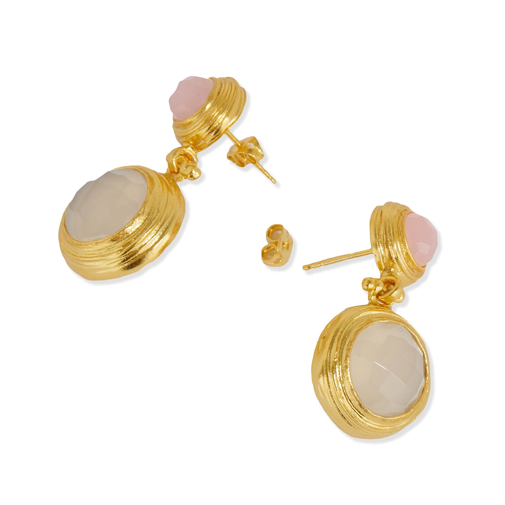 Gold earrings with rose quartz and white chalcedony gemstones on a white background.