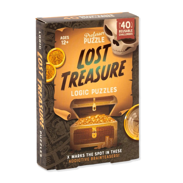 Box of 'Lost Treasure' logic puzzles with treasure chest and coins on a white background