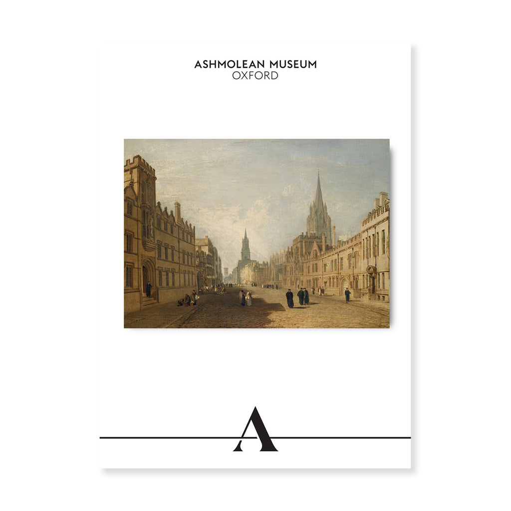 Artistic depiction of Oxford city high street with buildings and people, featuring the Ashmolean Museum logo.