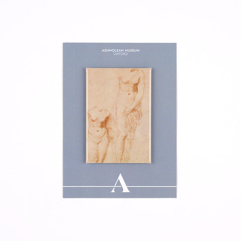 A rectangular decorative fridge magnet featuring a sepia sketch of classical figures mounted on a slate blue card. The card has white text reading 'ASHMOLEAN MUSEUM OXFORD' at the top and a white stylized letter 'A' Ashmolean Museum logo at the bottom.