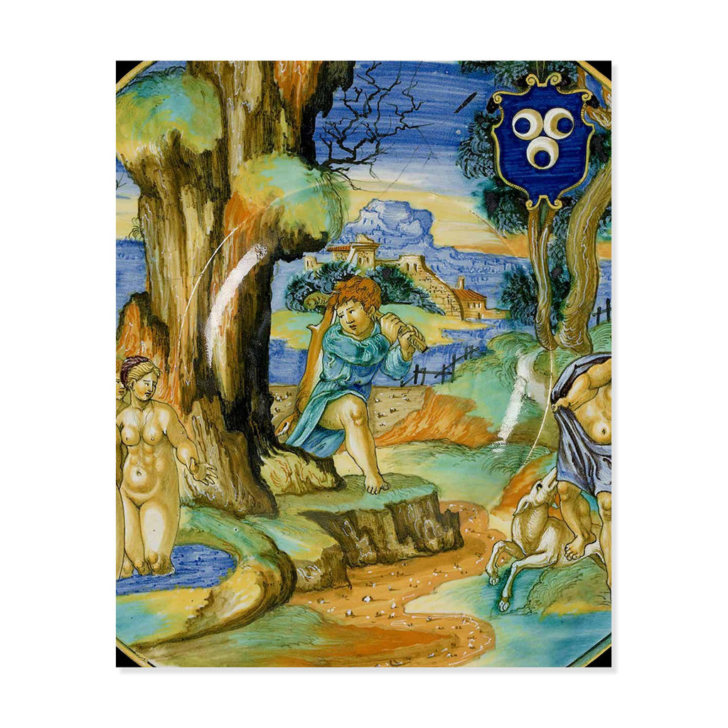 Decorative back cover of book with artworks of a classical multicoloured scene featuring a man, woman, and deer in a landscape.